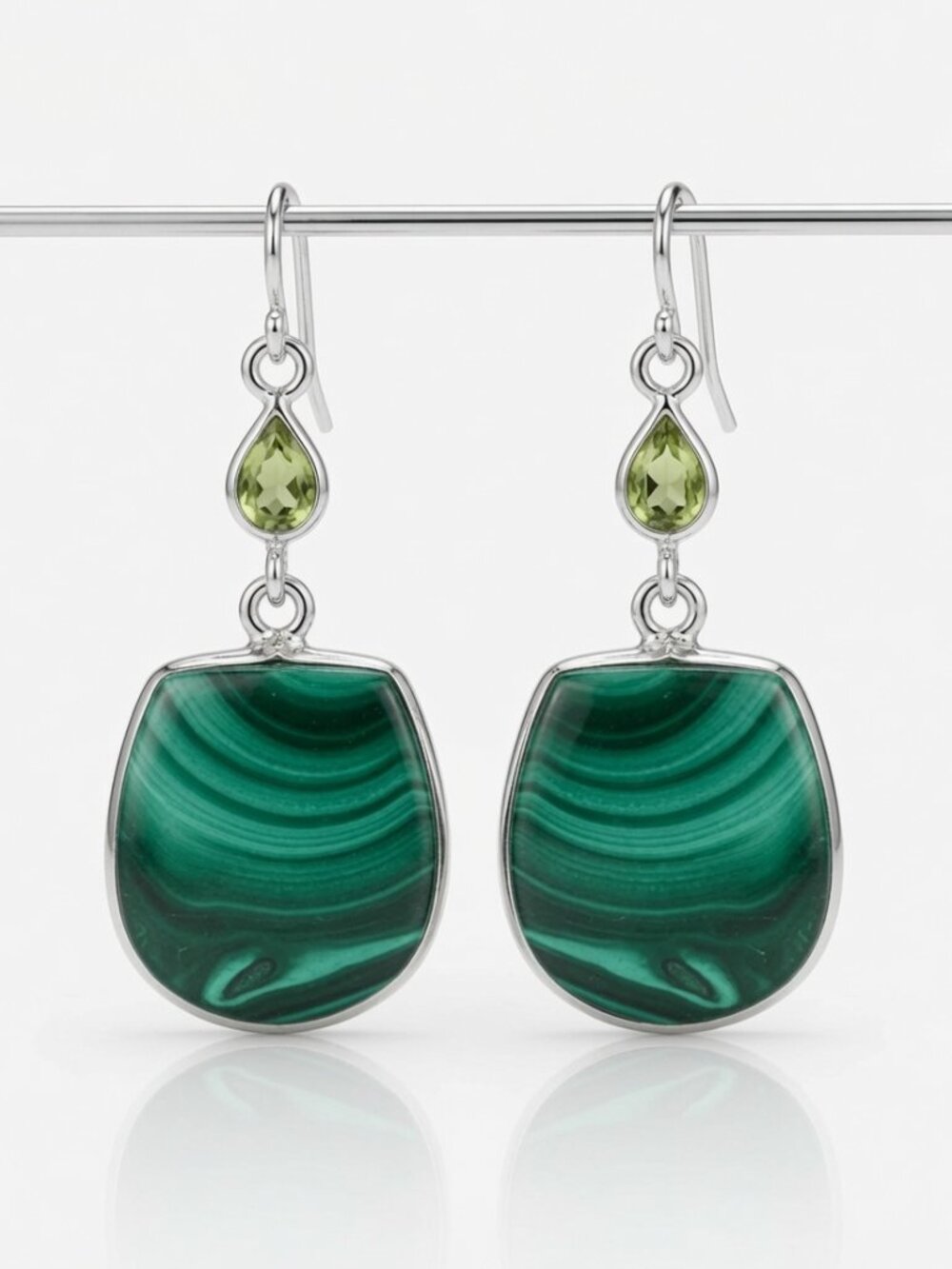 Malachite Earrings W/Peridot Accents | Solid Sterling Silver Earrings